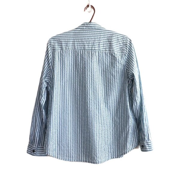 Ladies Button Up Shirt - Blue/White/Silver Stripes -  Size L petite - Cotton - Picture 2 of 11